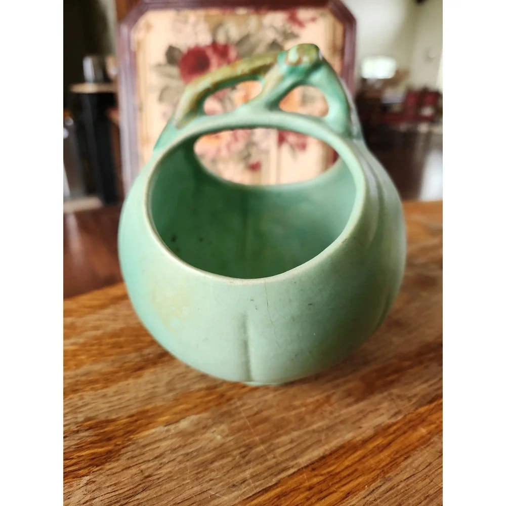 Vintage Weller Art Pottery Wild Rose Matte Green / Blue Basket Vase